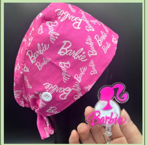 Satin lined scrub caps with a matching badge reel