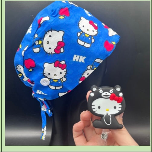 Satin lined scrub caps with a matching badge reel