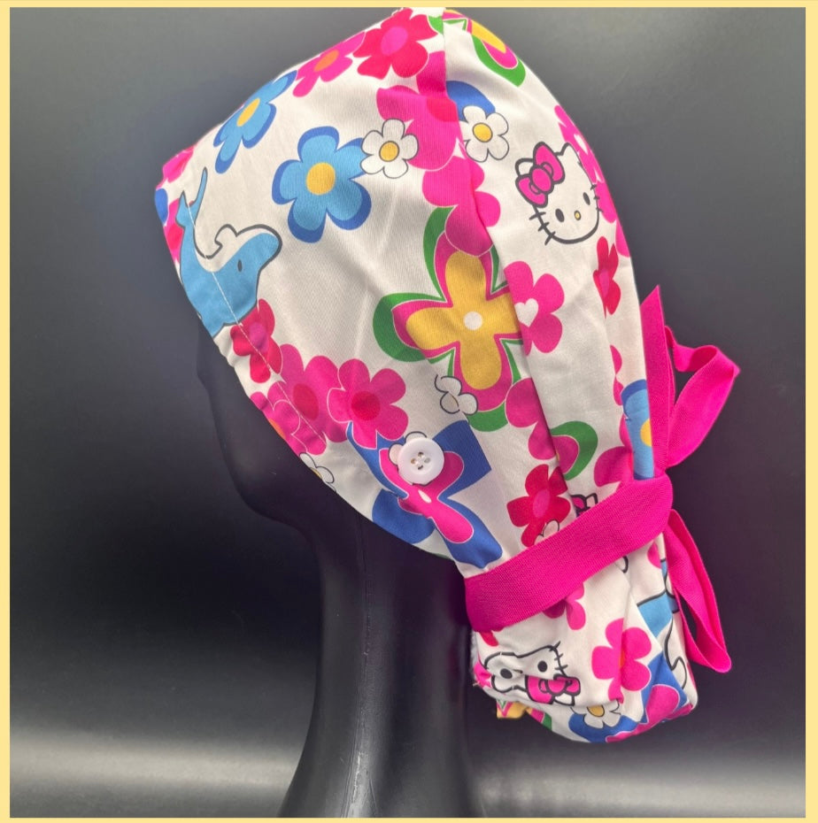 Satin lined scrub caps with a matching badge reel