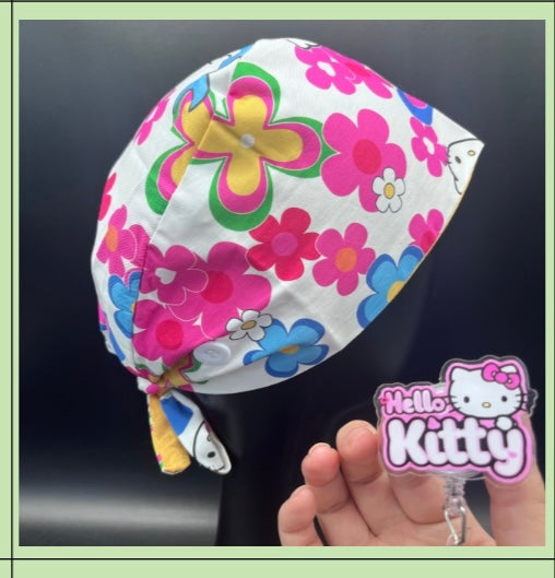Satin lined scrub caps with a matching badge reel