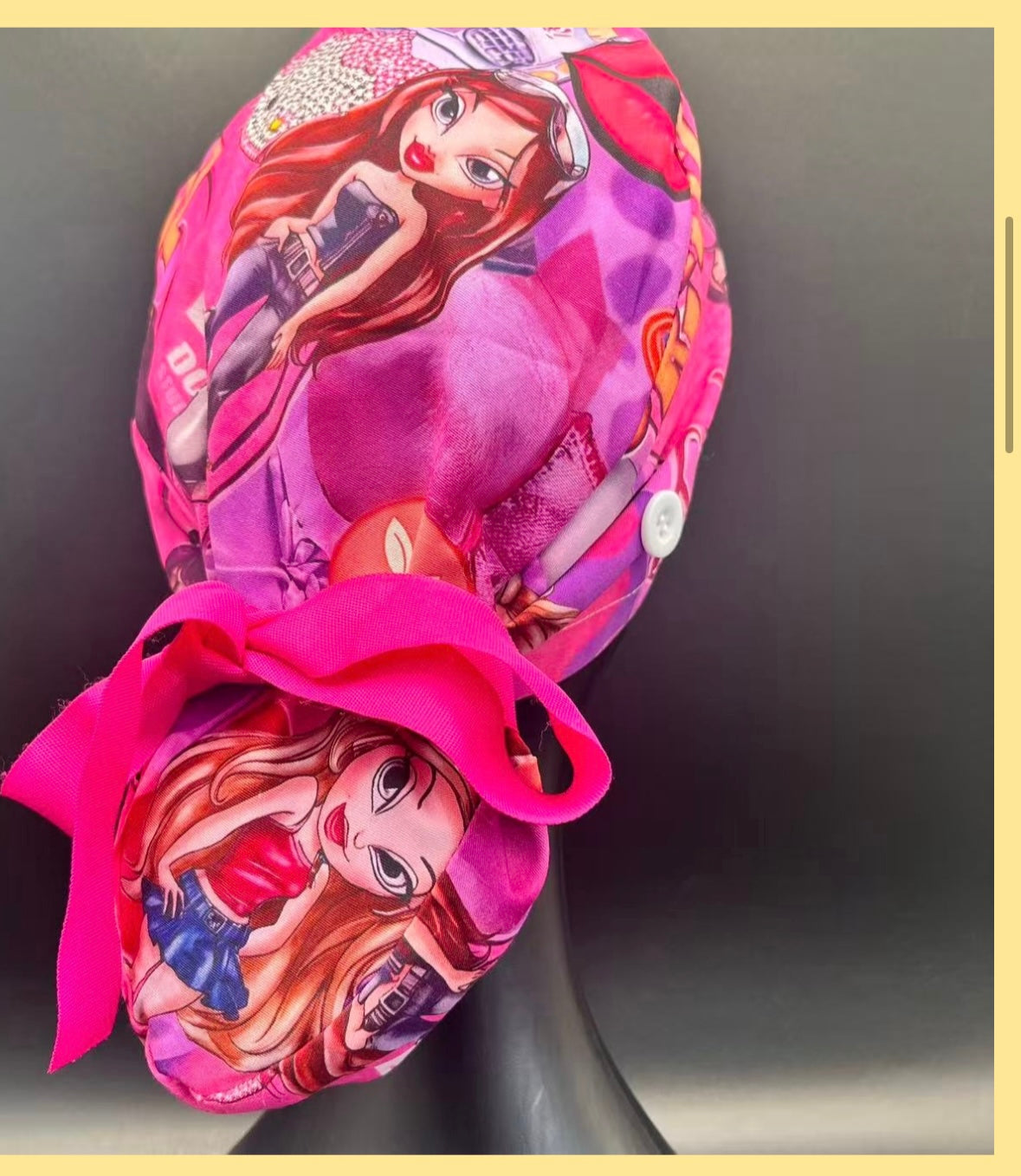 Satin lined scrub caps with a matching badge reel