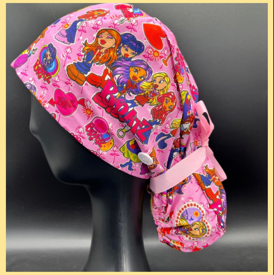 Satin lined scrub caps with a matching badge reel