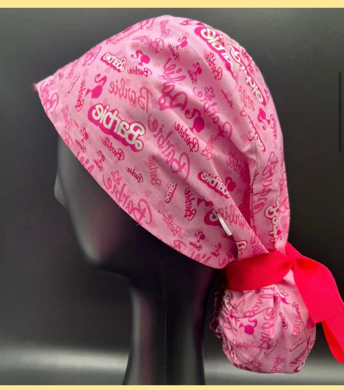 Satin lined scrub caps with a matching badge reel