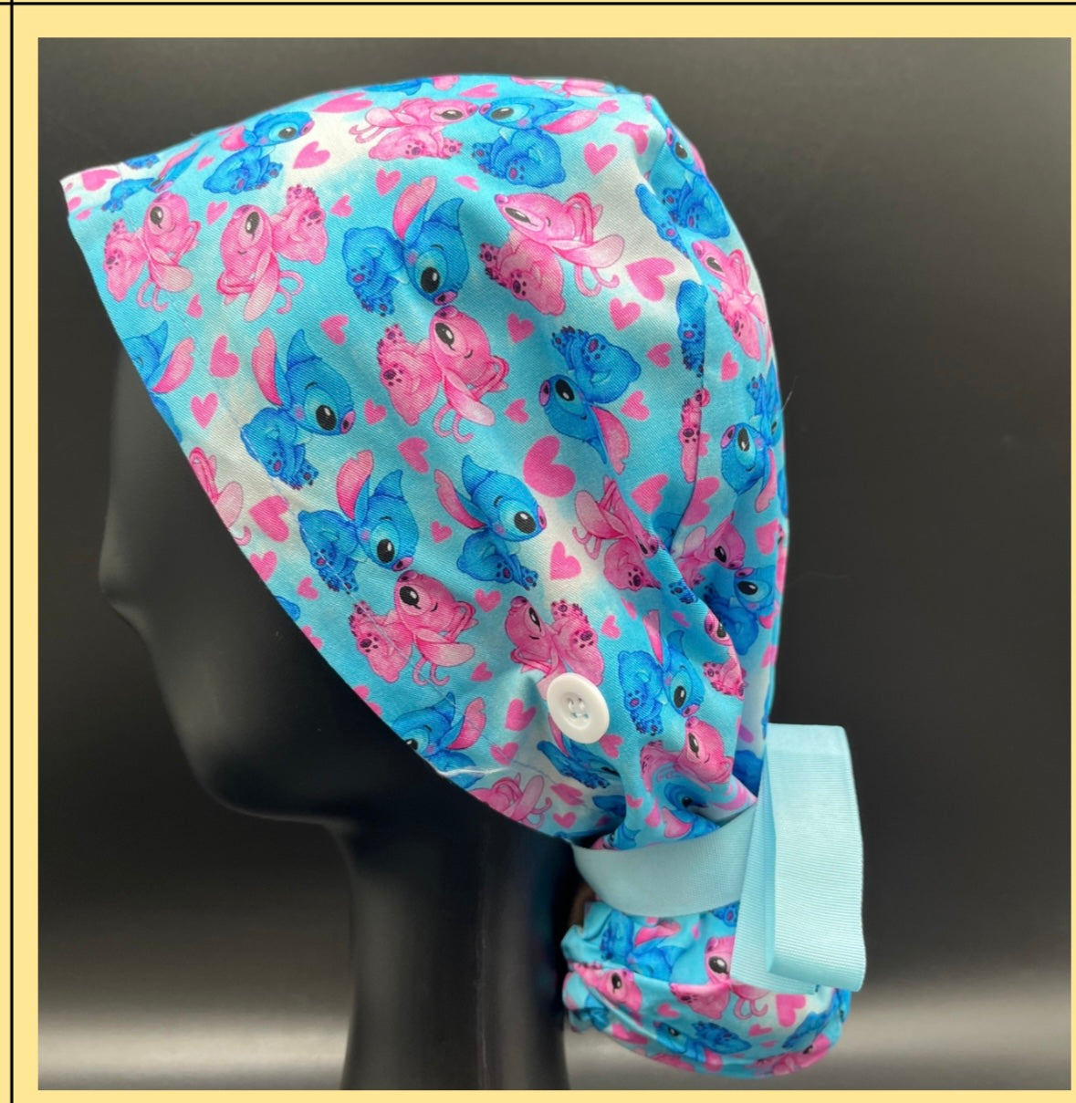 Satin lined scrub caps with a matching badge reel