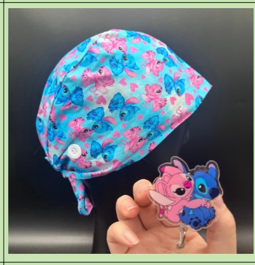 Satin lined scrub caps with a matching badge reel