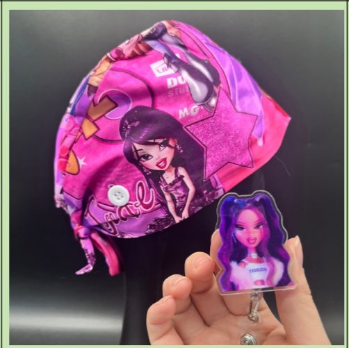 Satin lined scrub caps with a matching badge reel