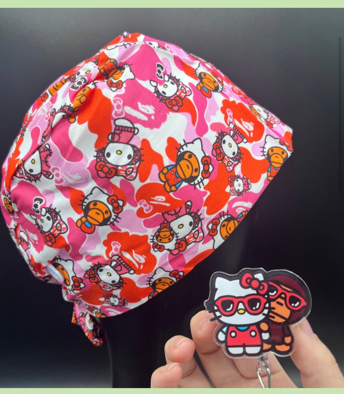 Satin lined scrub caps with a matching badge reel