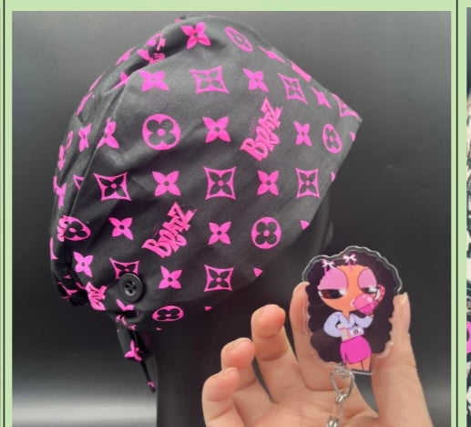 Satin lined scrub caps with a matching badge reel